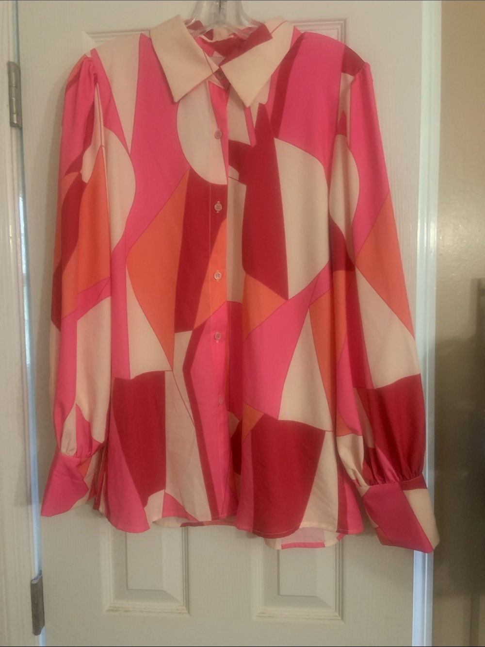 Geometric Print Button-Down Blouse - Pink & Cream
